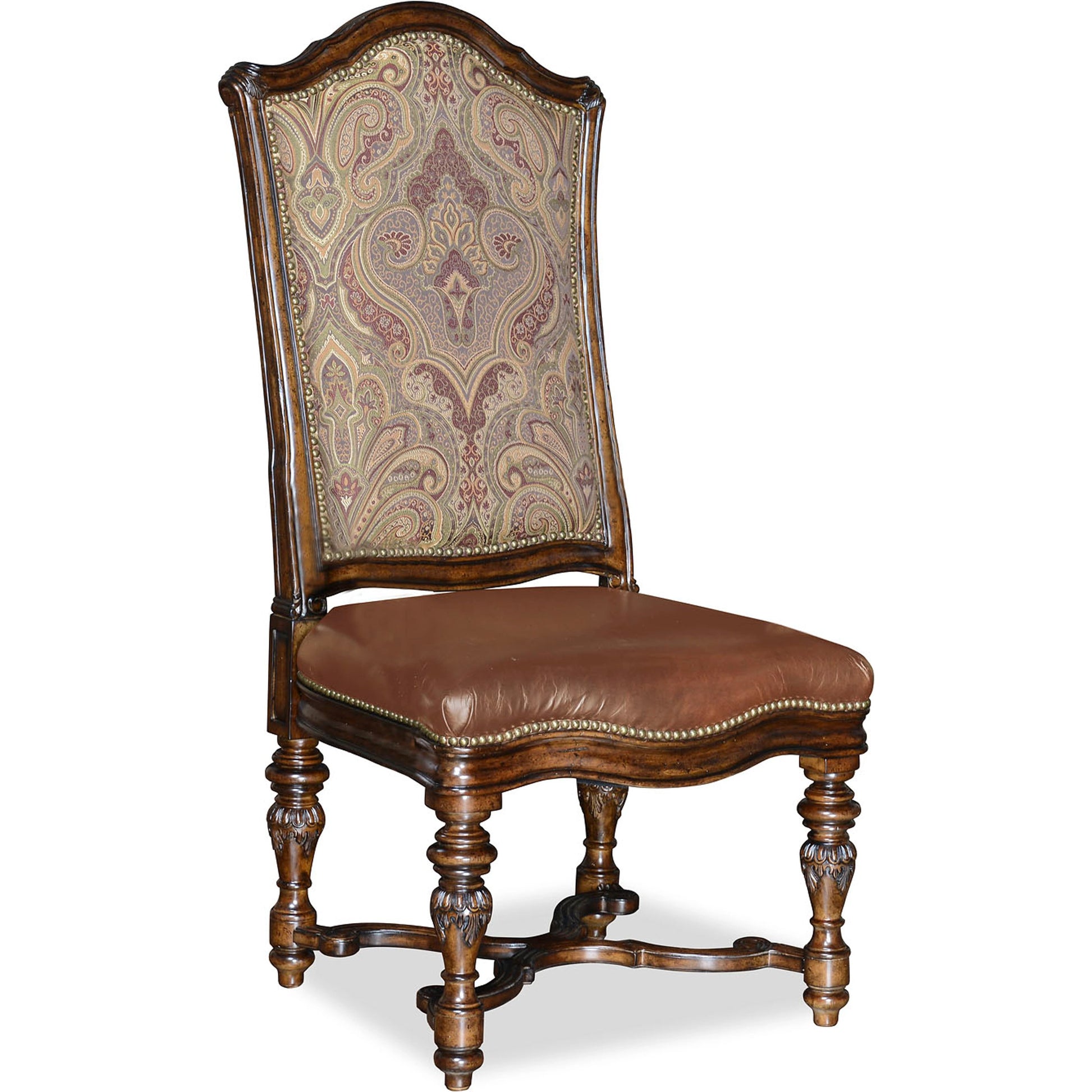 Valencia Side Chair (Set of 2) by A.R.T. Furniture in brown and tuscan. Made from radiata solids, white oak, walnut and pine veneers, foam, fabric, leather, metal in a traditional style.