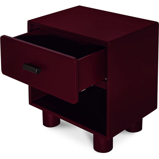 Jolene Nightstand by Moe's Home Collection in deep red. Made from rubber wood frame, mdf top, sides, drawer in a unique style.