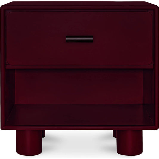 Jolene Nightstand by Moe's Home Collection in deep red. Made from rubber wood frame, mdf top, sides, drawer in a unique style.