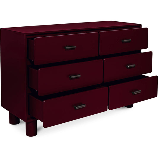 Jolene 6 Drawer Dresser by Moe's Home Collection in deep red. Made from rubber wood frame, mdf top, sides, drawer in a unique style.