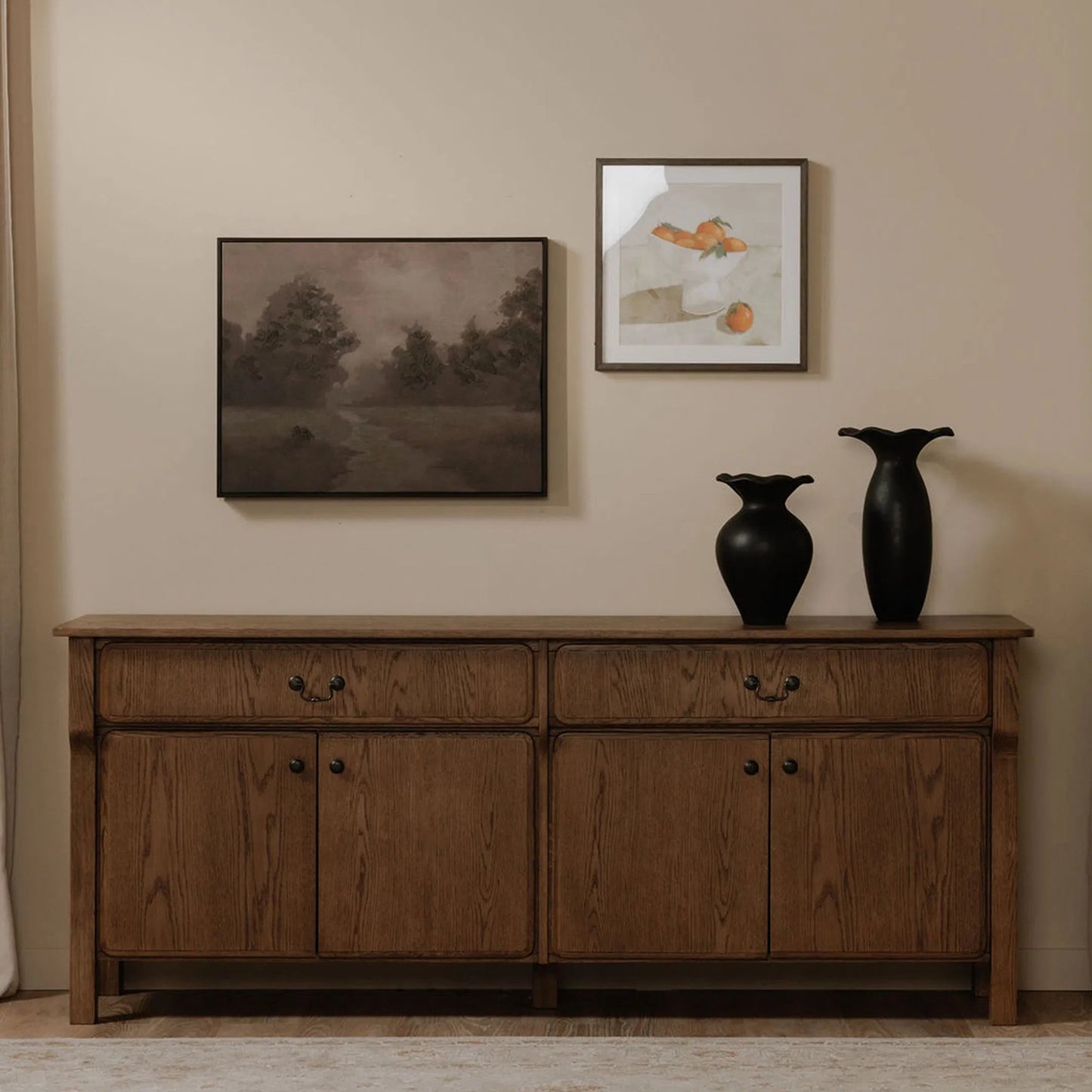 008 SI-2367933 | Lifestyle | Caroline Sideboard by Moe's Home Collection in warm brown. Made from solid oak frame, oak veneer over mdf side panel, drawer in a transitional style.