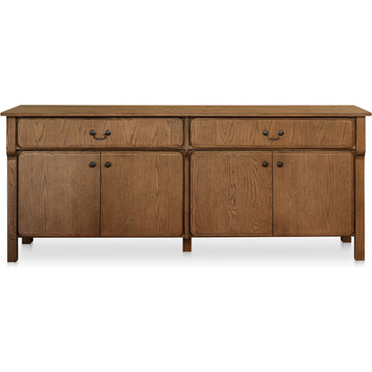 Caroline Sideboard by Moe's Home Collection in warm brown. Made from solid oak frame, oak veneer over mdf side panel, drawer in a transitional style.