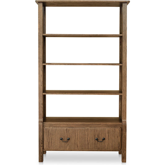 Caroline Bookcase by Moe's Home Collection in warm brown. Made from solid oak frame, oak veneer over mdf side panel, drawer in a unique style.