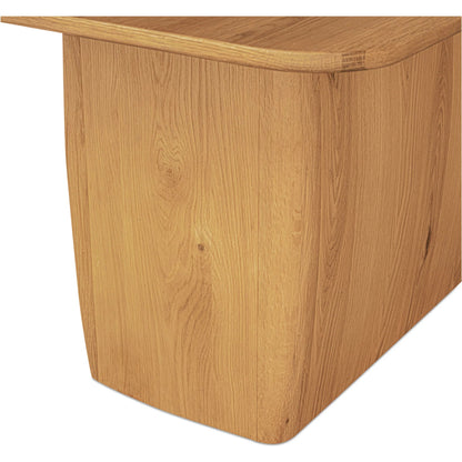 Winston Dining Table by Moe's Home Collection in natural and rustic oak. Made from oak veneer over mdf tabletop, solid oak base edge in a transitional style.