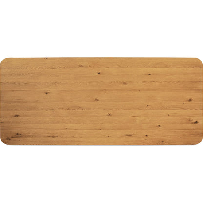 Winston Dining Table by Moe's Home Collection in natural and rustic oak. Made from oak veneer over mdf tabletop, solid oak base edge in a transitional style.