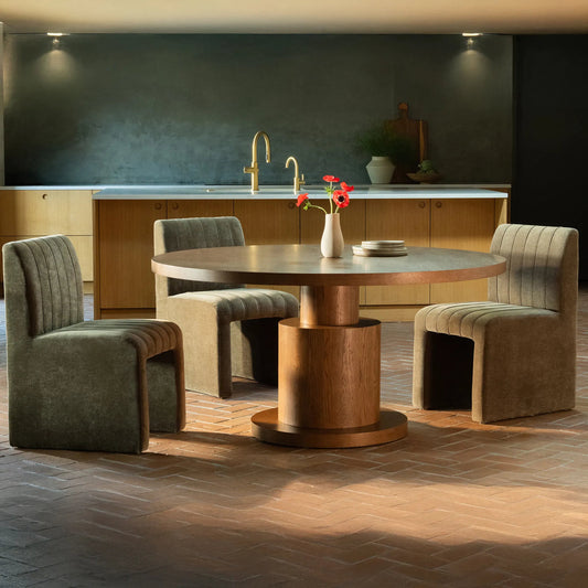 Clayton Dining Table by Moe's Home Collection in brown. Made from thick oak veneer, solid oak top leg, rubber wood frame, thick oak veneer bottom leg, leveler in a unique style.