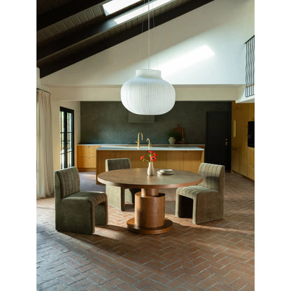 Clayton Dining Table by Moe's Home Collection in brown. Made from thick oak veneer, solid oak top leg, rubber wood frame, thick oak veneer bottom leg, leveler in a transitional style.