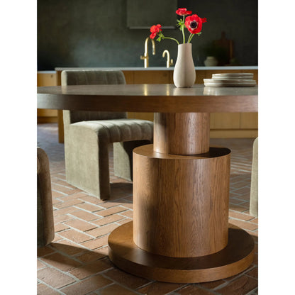 Clayton Dining Table by Moe's Home Collection in brown. Made from thick oak veneer, solid oak top leg, rubber wood frame, thick oak veneer bottom leg, leveler in a transitional style.