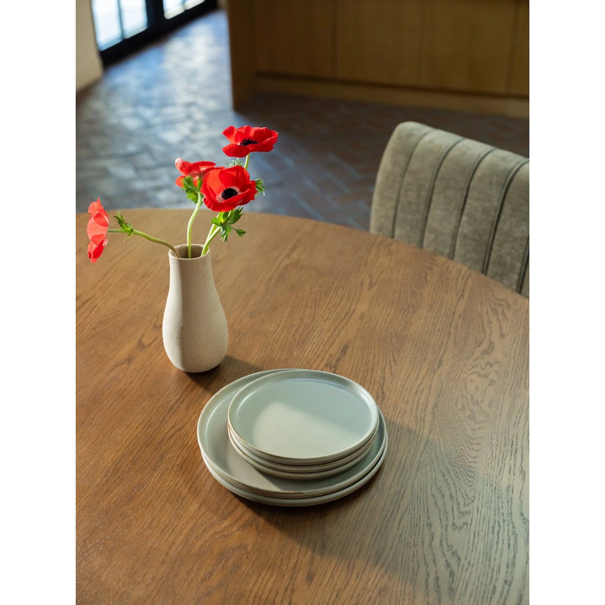Clayton Dining Table by Moe's Home Collection in brown. Made from thick oak veneer, solid oak top leg, rubber wood frame, thick oak veneer bottom leg, leveler in a transitional style.