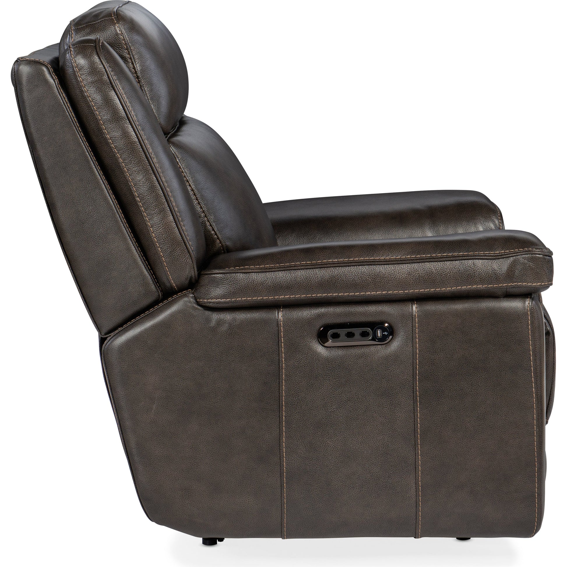 Montel Lay Flat Power Recliner by Hooker Furniture in cosmos cobalt. Made from leather in a traditional style.