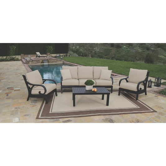 Monterey Outdoor Club Chair in Linen Stone w/ Selt Welt by Sunset West in coppers. Made from aluminum in a unique style.