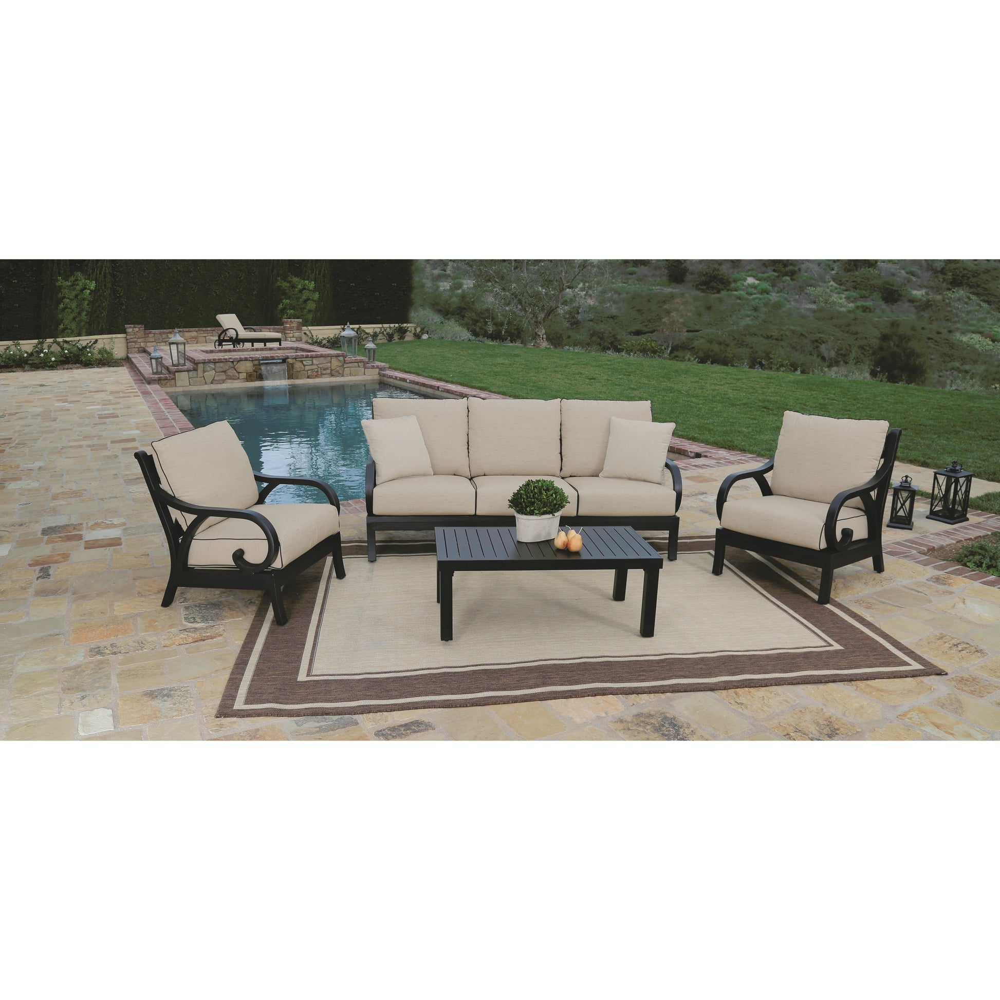 Monterey Outdoor Coffee Table by Sunset West in copper. Made from aluminum in a modern style.