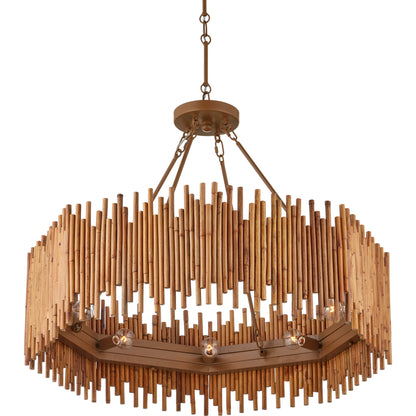 Teahouse Chandelier by Currey and Company in natural, khaki. Made from rattan, wrought iron in a modern style.