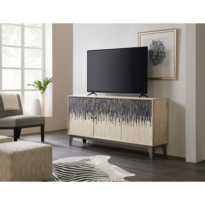 Three Door Entertainment Console by Hooker Furniture in rustic light mango. Made from mango wood with iron, bone in a transitional style.