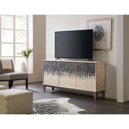 Three Door Entertainment Console by Hooker Furniture in rustic light mango. Made from mango wood with iron, bone in a transitional style.