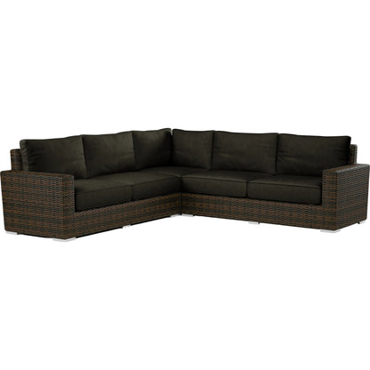 Montecito Outdoor Sectional by Sunset West in cognac. Made from resin wicker in a modern style.