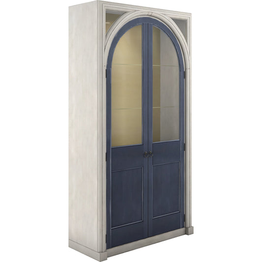 Alcove Display Cabinet by A.R.T. Furniture in belgian ivory, slate blue. Made from acacia solids, maple veneers, glass, linen, metal in a modern style.