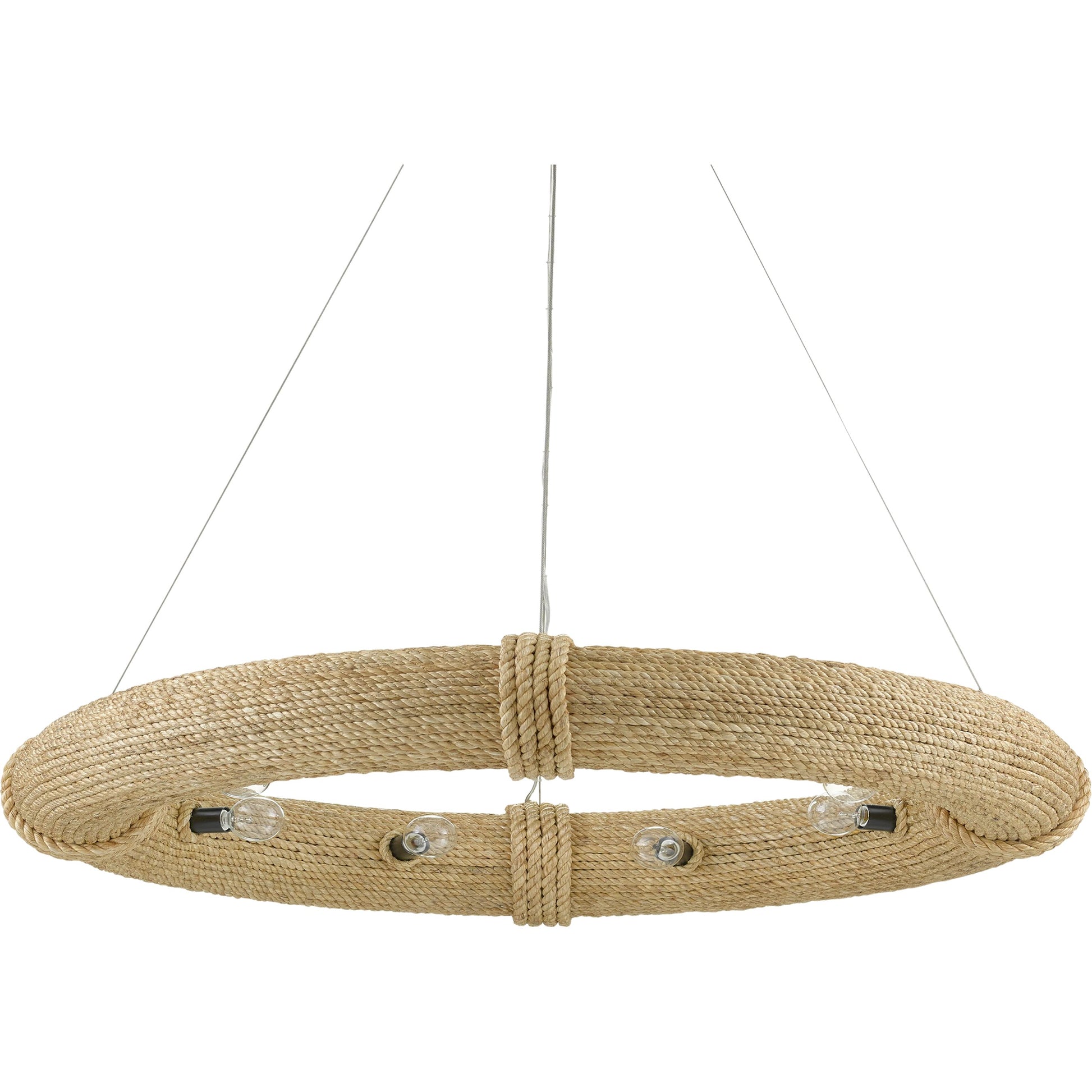 Portmeirion Chandelier by Currey and Company in satin black, abaca rope. Made from wrought iron, abaca rope in a coastal style.