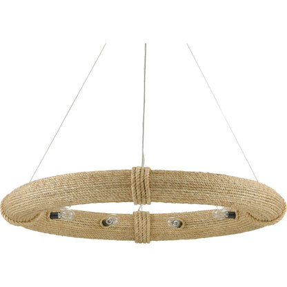 Portmeirion Chandelier by Currey and Company in satin black, abaca rope. Made from wrought iron, abaca rope in a coastal style.
