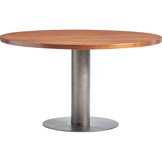 Loft Brasea Round Dining Table by Bernhardt in brown. Made from wood, metal in a unique style.