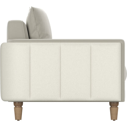 Barret Sofa by A.R.T. Furniture in beige and café au lait. Made from inside: velvet sand colored polyester fabric, outback in faux-leather parchement colored material in a traditional style.