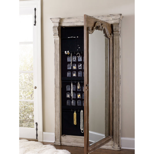 Chatelet Floor Mirror by Hooker Furniture in caramel froth, paris vintage. Made from pecan veneers, felt, jewelry bags, resin, mirror in a traditional style.