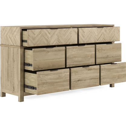 Garrison Dresser by A.R.T. Furniture in washed oak, burnished brass. Made from parawood solids with ash embossing, white oak veneers, metal in a cottage & farmhouse style.
