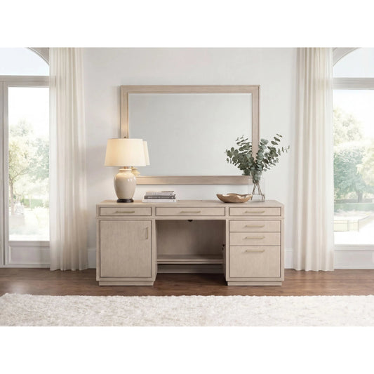 Marlowe Credenza by Hooker Furniture in light wood and polished limestone, quartered oak veneers. Made from white oak solids, white oak veneers in a unique style.