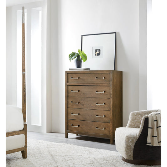 Chapman Five-Drawer Chest by Hooker Furniture in sorrel. Made from white oak veneers in a modern style.