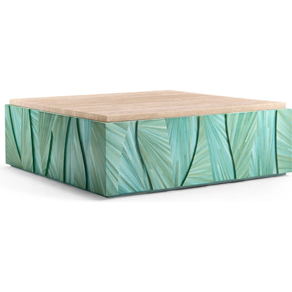 Seaglass Coffee Table by Jonathan Charles in blue and blue straw. Made from straw, marble, koto veneer in a eclectic & global style.