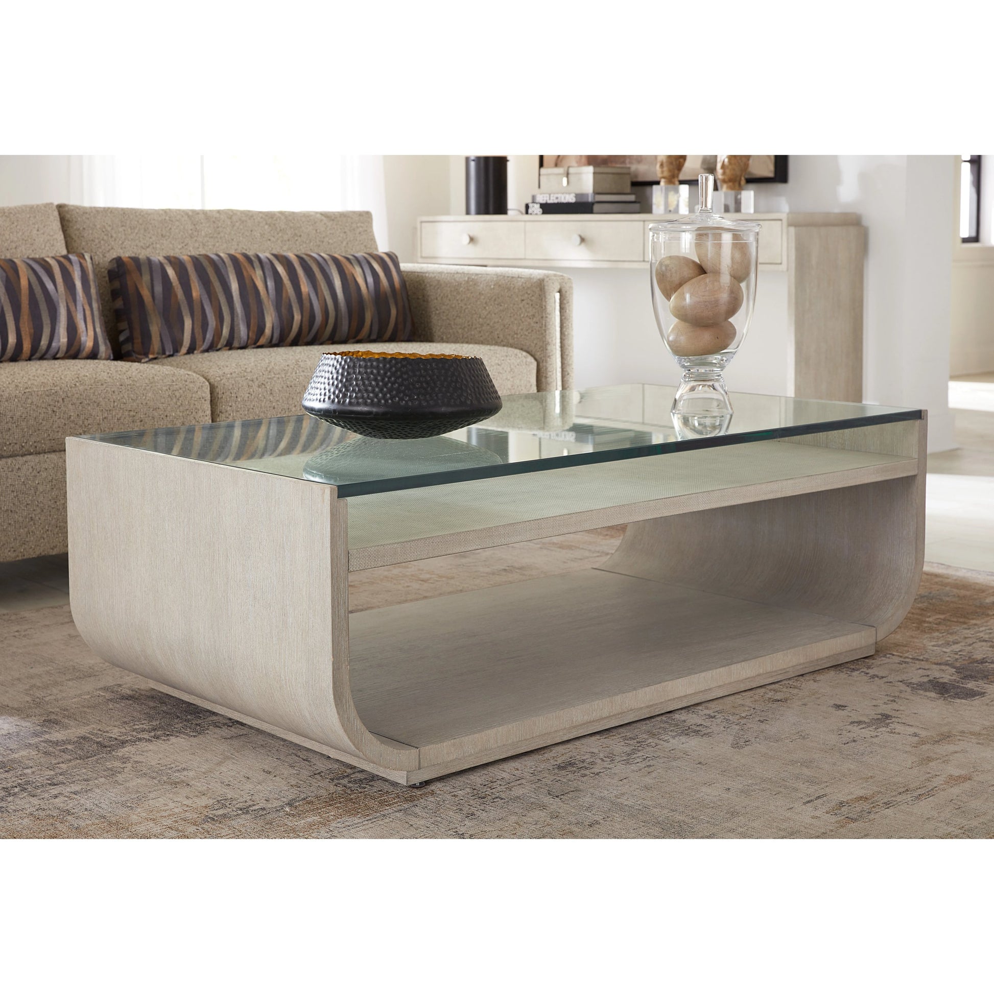 Modern Mood Rectangle Cocktail Table by Hooker Furniture. Made from oak veneers, glass in a modern style.