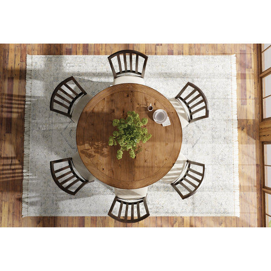 Big Sky Round Dining Table by Hooker Furniture in charred timber, vintage natural. Made from pecky hickory veneers, resin, solid-wood edged top in a traditional style.