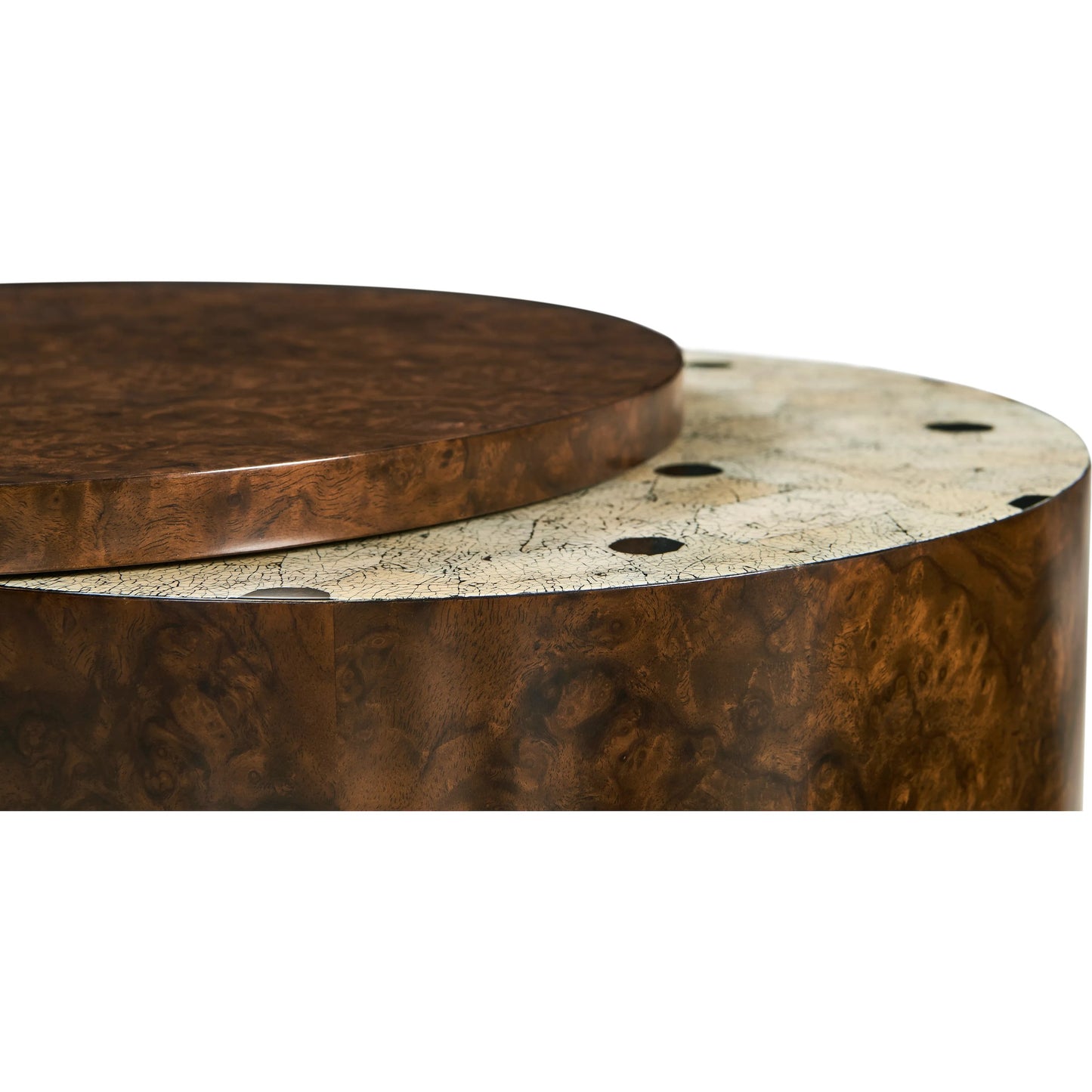 007 SI-2334498 | Closeup | Jacques Martini Table by Jonathan Charles in brown and walnut burl. Made from book match walnut burl veneer, egg shell in a unique style.