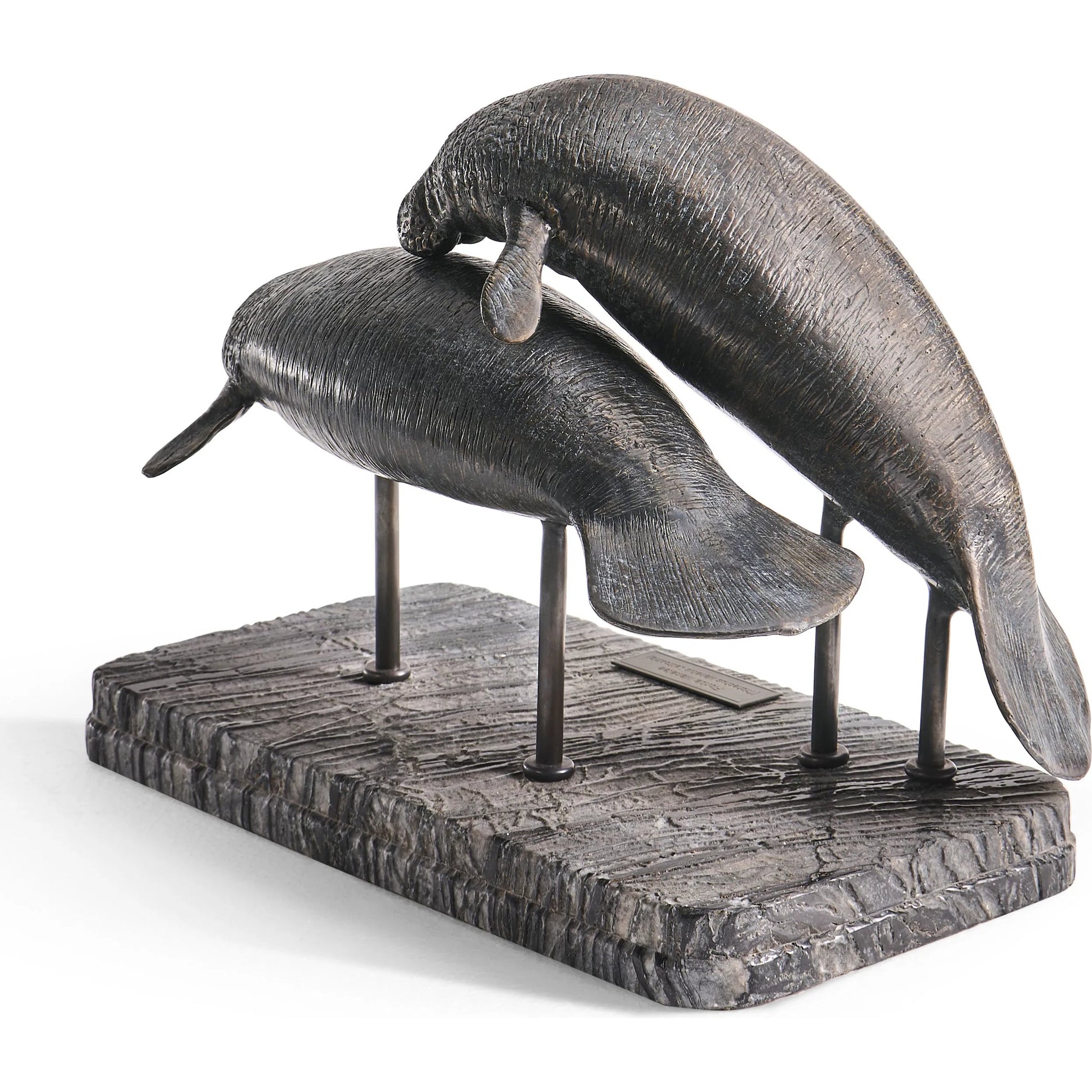 Raised Manatee Bronze Statue with Marble Base by Jonathan Charles in dark rustic waxed bronze. Made from main brass in a unique style.