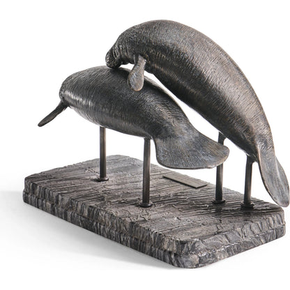 Raised Manatee Bronze Statue with Marble Base by Jonathan Charles in dark rustic waxed bronze. Made from main brass in a unique style.
