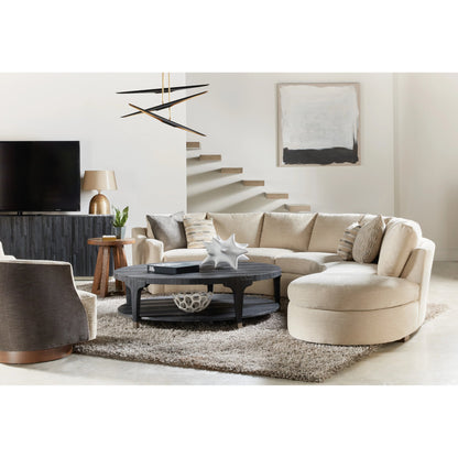 Chapman Shou Sugi Ban Round Cocktail Table by Hooker Furniture in charred black. Made from pine veneers, metal ferrules in a modern style.