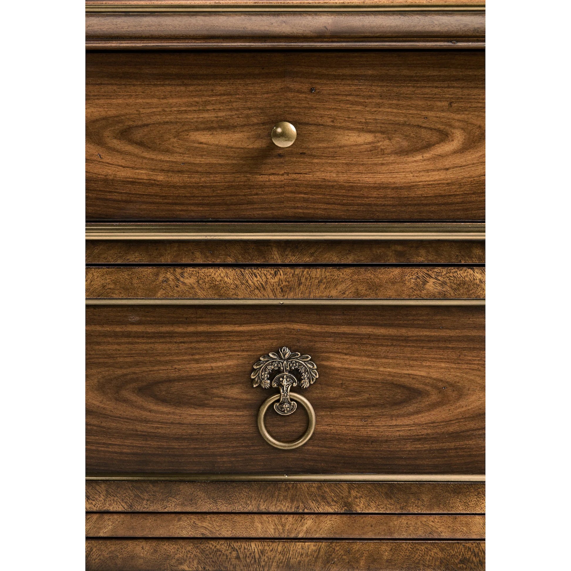 Viceroy Bedside Chest by Jonathan Charles in brown and santos brown, antique brass. Made from mahogany, cerejeira veneers, santos rosewood crown veneers, brass in a traditional style.