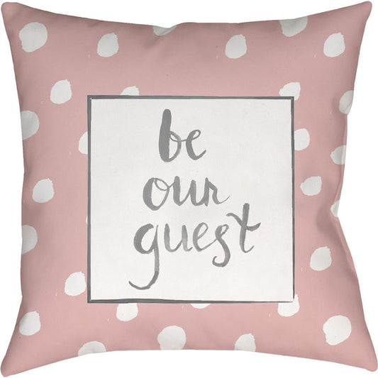Be Our Guest Indoor/Outdoor Pillow by Livabliss in pink, white, gray. Made from front: 100% polyester, back: 100% polyester in a modern style.