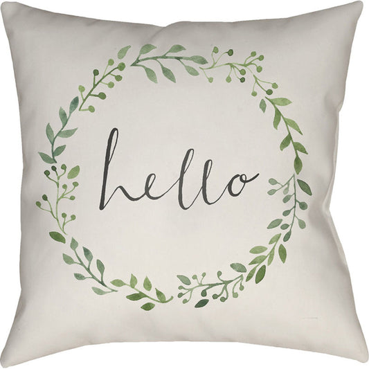 Hello Pillow - 23198 by Livabliss in green, beige, black. Made from front: 100% polyester, back: 100% polyester in a modern style.