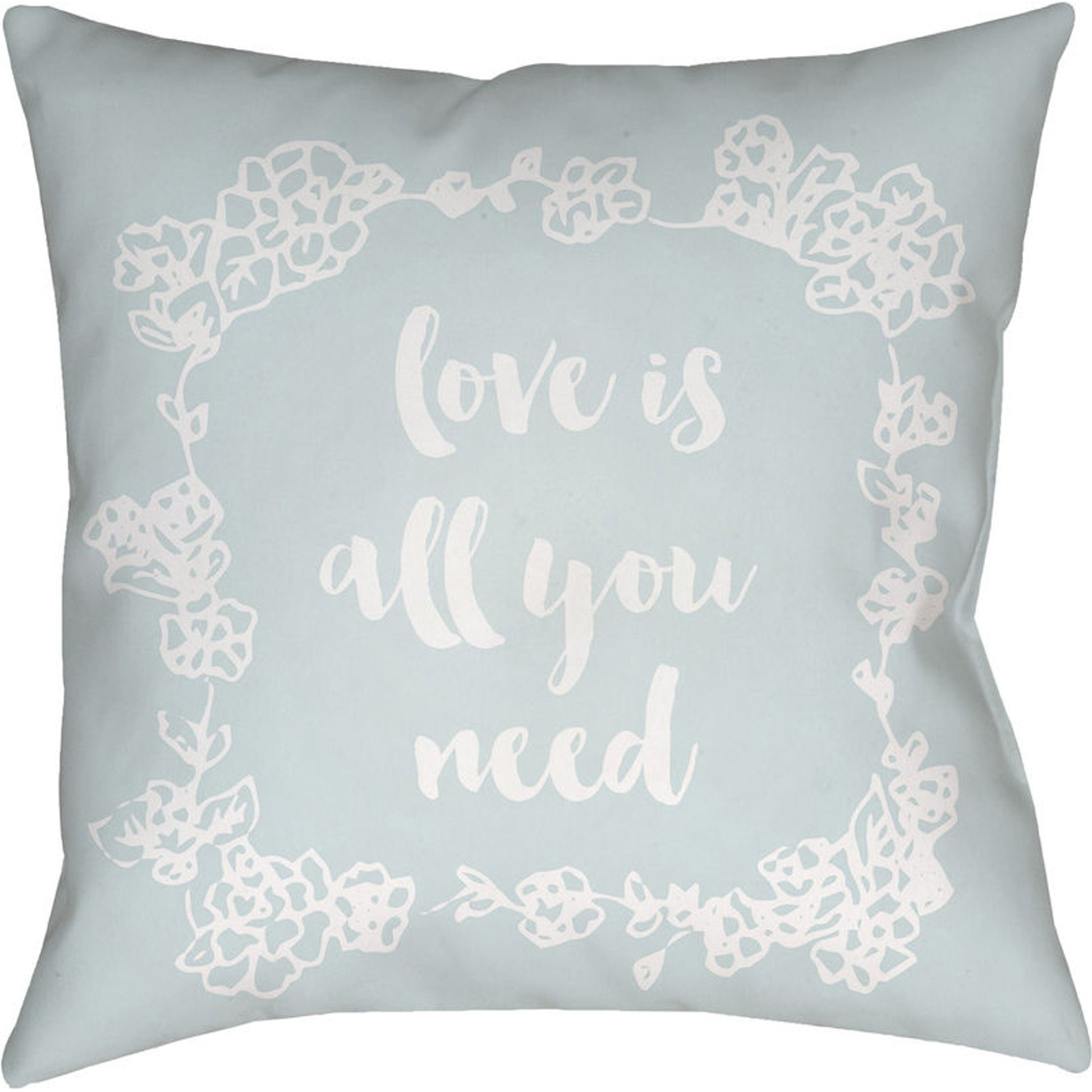 Love All You Need Indoor/Outdoor Pillow by Livabliss in blue, white. Made from front: 100% polyester, back: 100% polyester in a modern style.
