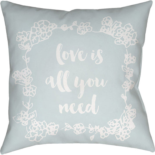 Love All You Need Indoor/Outdoor Pillow by Livabliss in blue, white. Made from front: 100% polyester, back: 100% polyester in a modern style.