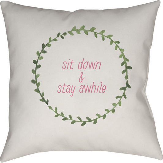 Stay Awhile Pillow - 8718 by Livabliss in tan, green, pink. Made from front: 100% polyester, back: 100% polyester in a modern style.