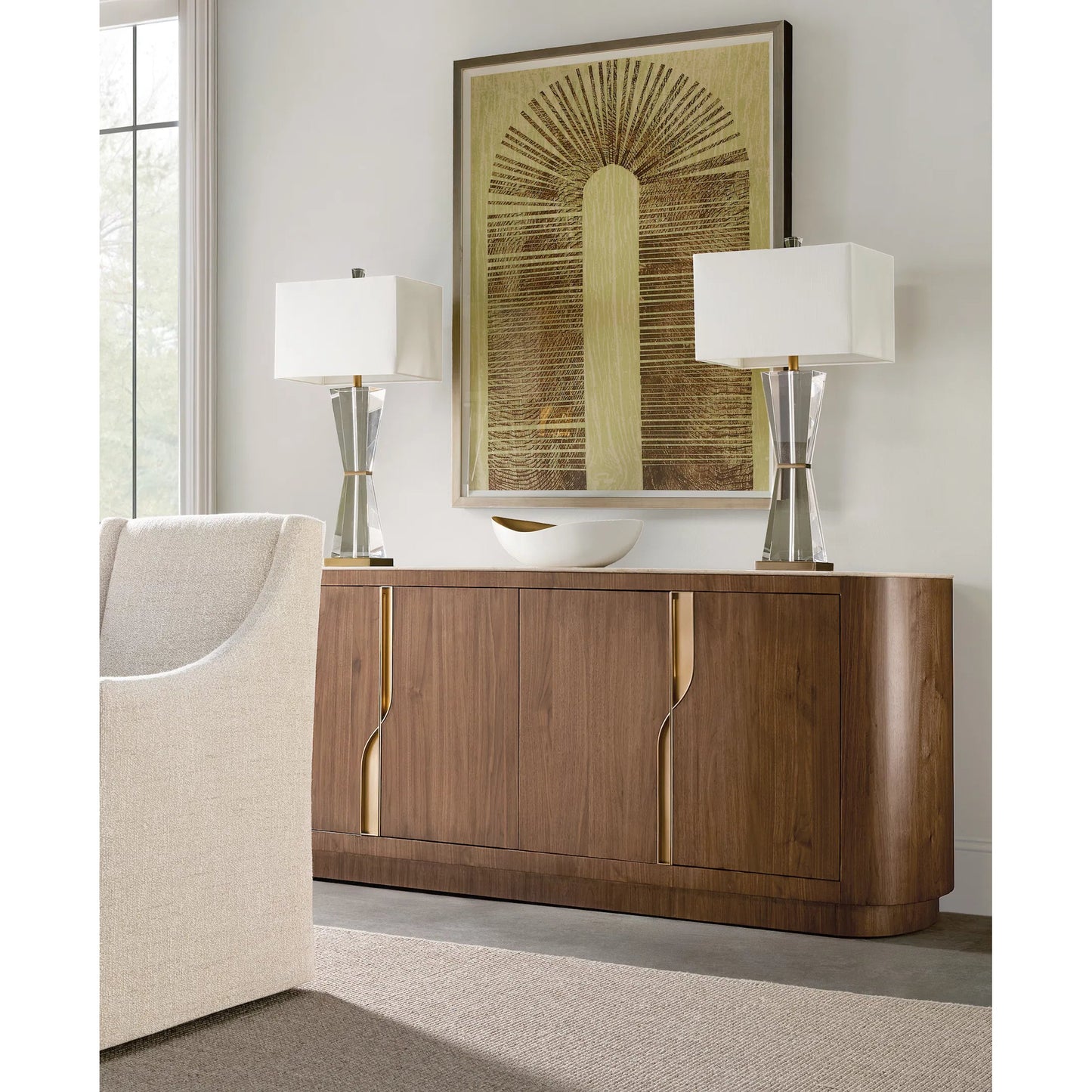 006 SI-2458581 | Lifestyle | Eleana Credenza by Hooker Furniture in light caramel, quartered walnut veneers, marble. Made from walnut veneers, marble in a modern style.