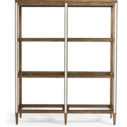 Jacques Etagere by Jonathan Charles in brown and medium brown mahogany. Made from mahogany, walnut burl veneer, faux bone in a modern style.