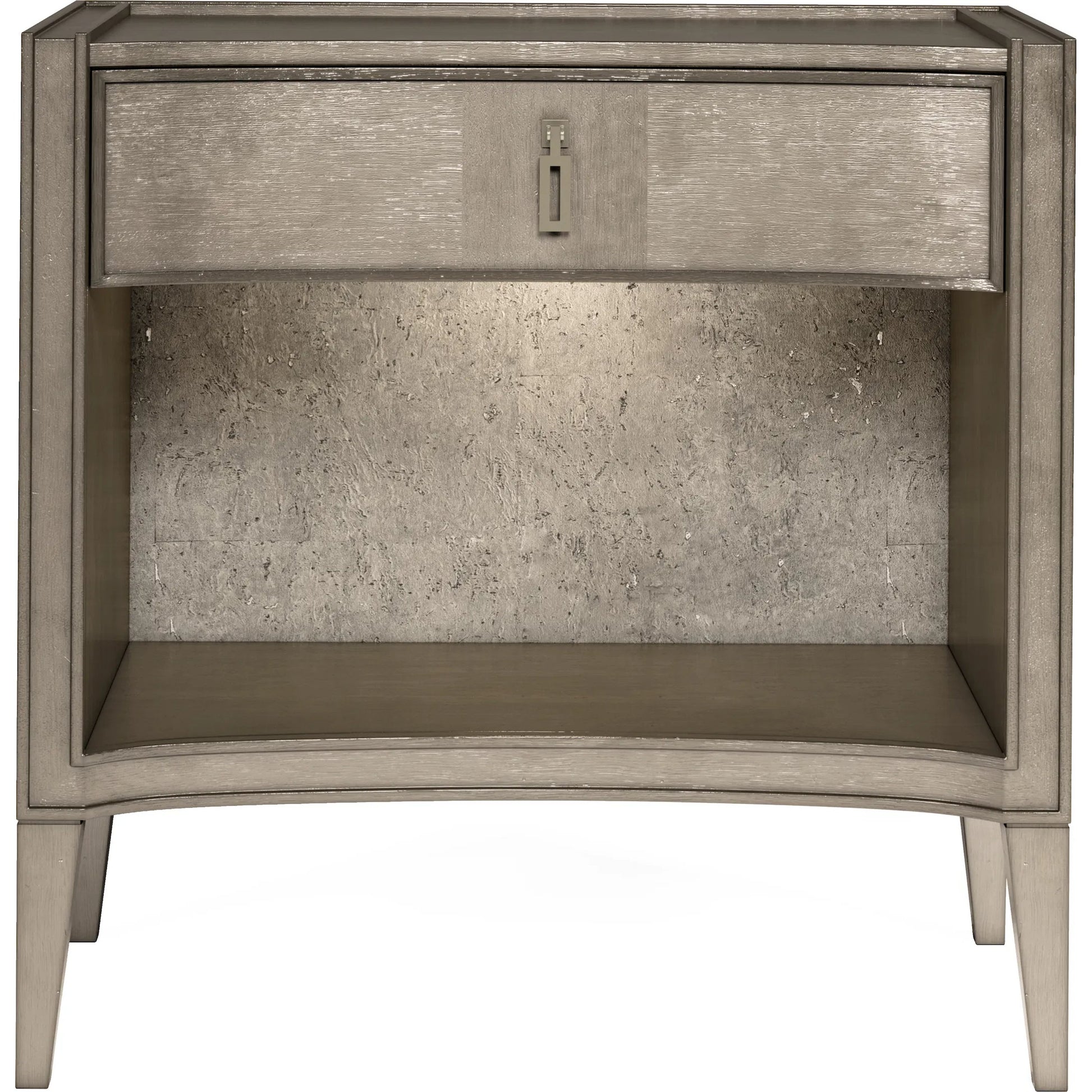 Cove Open Nightstand by A.R.T. Furniture in grey and mica. Made from rubberwood solids, primavera veneers, cork, metal in a traditional style.