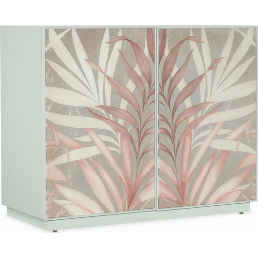 Triumph Accent Chest by Hooker Furniture in pink and mint green exterior. Made from maple veneers with tempered glass in a modern style.