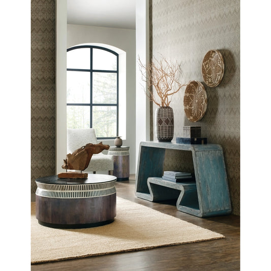 Commerce and Market Jacobs Ladder End Table by Hooker Furniture in dark wood, bone inlay. Made from mango solids, bone, iron in a modern style.