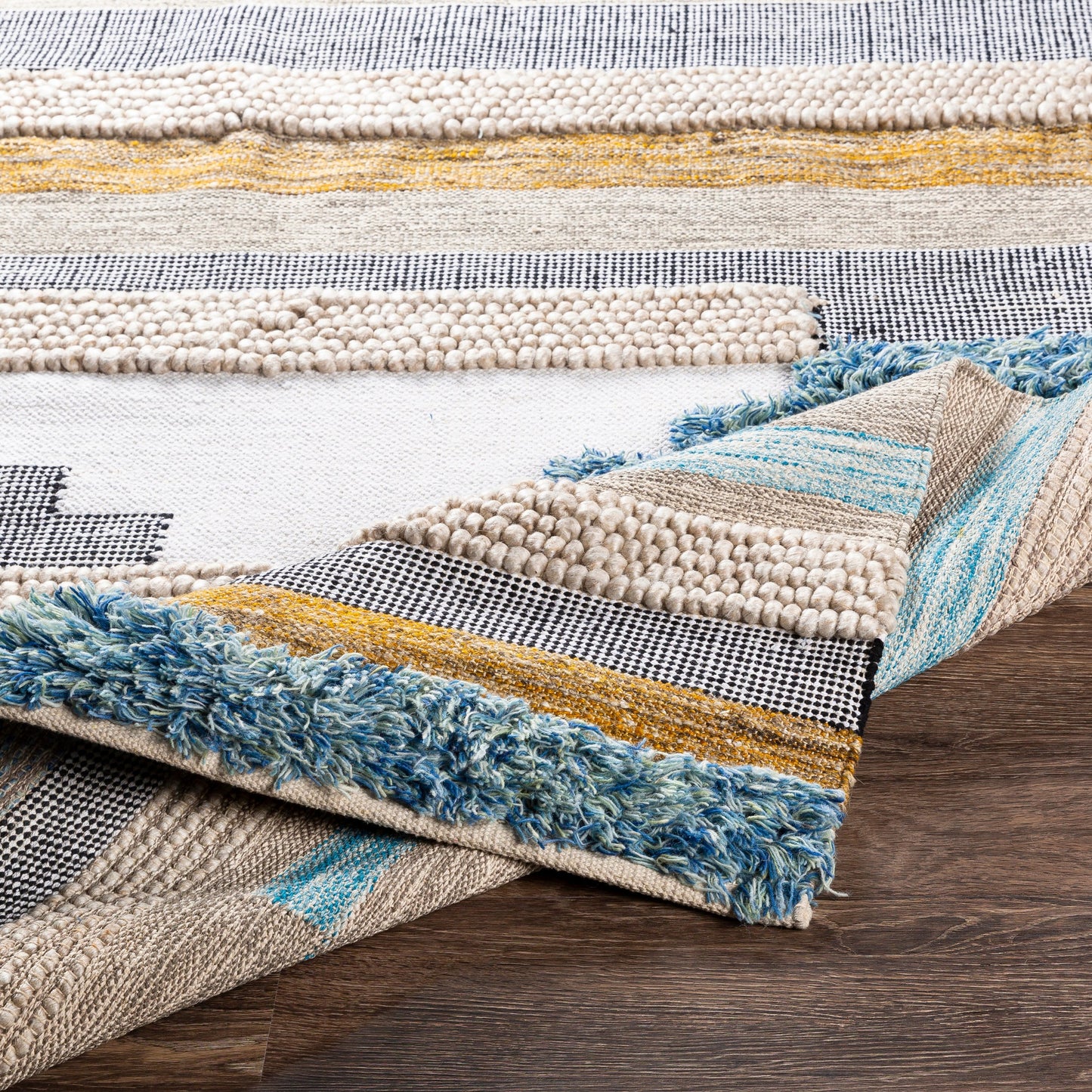 005 SR-882784,SR-882786,SR-882787 | Closeup | Quenby QUE-2301 Indoor/Outdoor Rug by Surya in black, white, mustard, dark brown, charcoal, light beige. Made from 55% wool, 25% polyester, 20% cotton in a unique style.