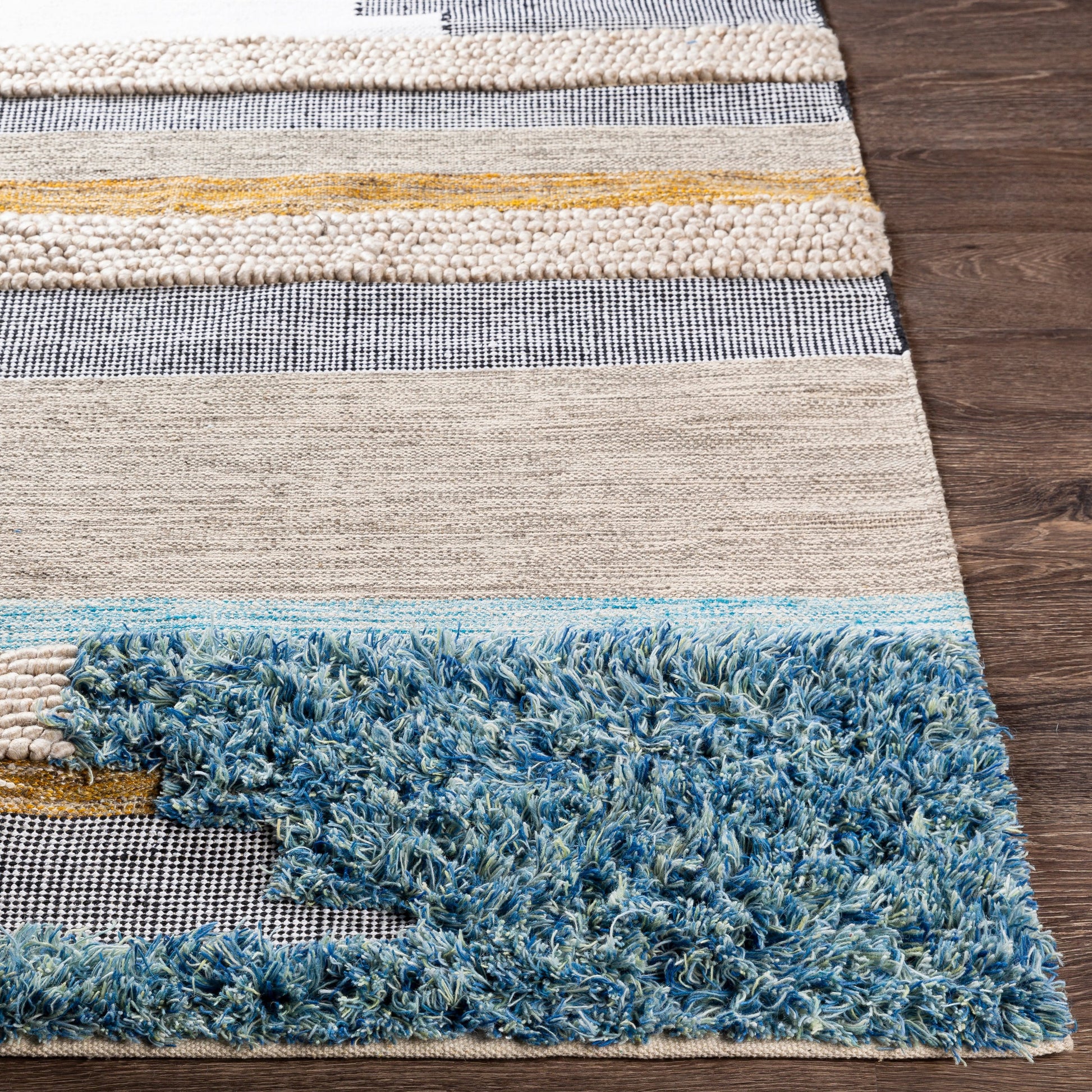 Quenby QUE-2301 Indoor/Outdoor Rug by Surya in black, white, mustard, dark brown, charcoal, light beige. Made from 55% wool, 25% polyester, 20% cotton in a unique style.