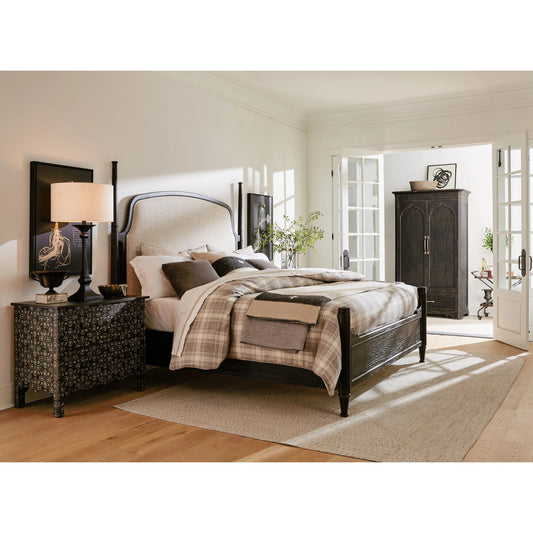 Americana Two-Drawer Nightstand by Hooker Furniture in black and molasses finish. Made from oak veneers in a cottage & farmhouse style.